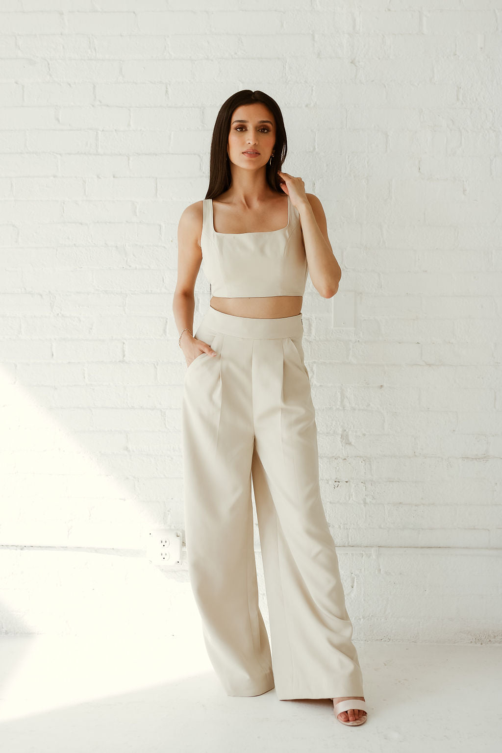 Beige Pocketed High Waisted Trousers