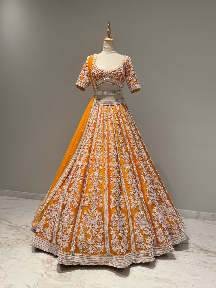 Mustard Orange Raw Silk Lehenga