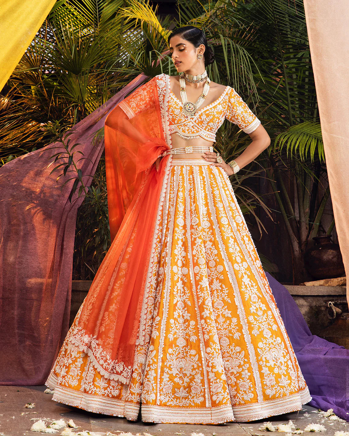 Mustard Orange Raw Silk Lehenga