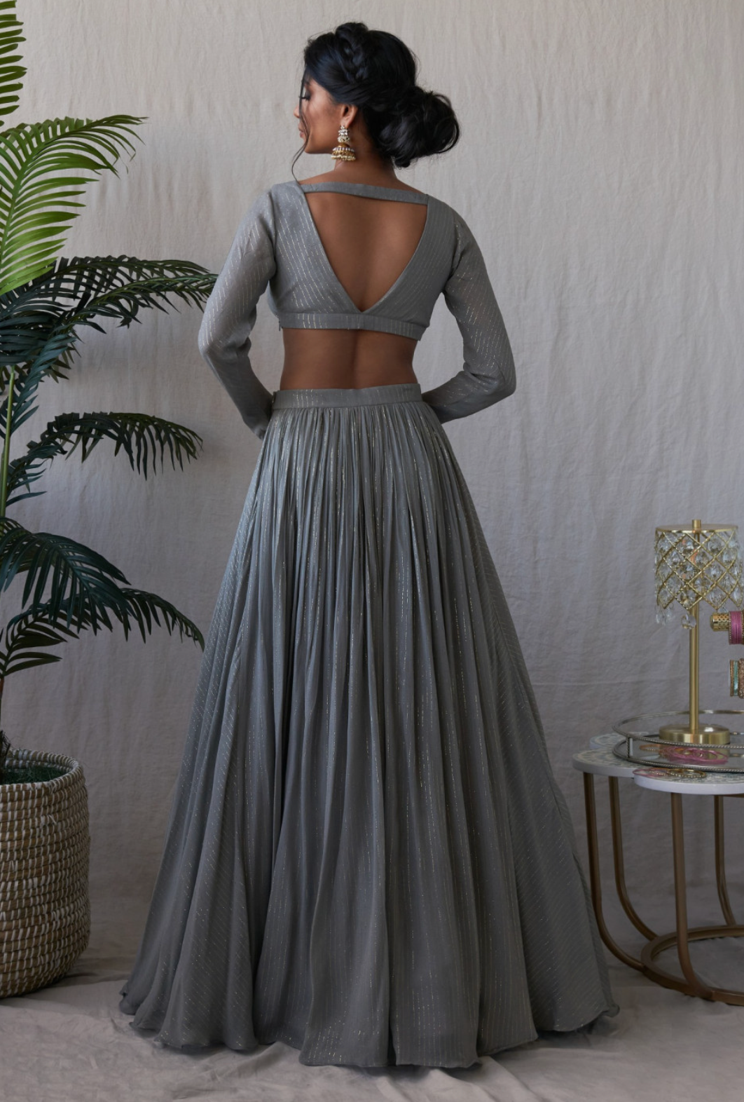 Designer Grey Net Crop Top Lehenga Choli For Wedding
