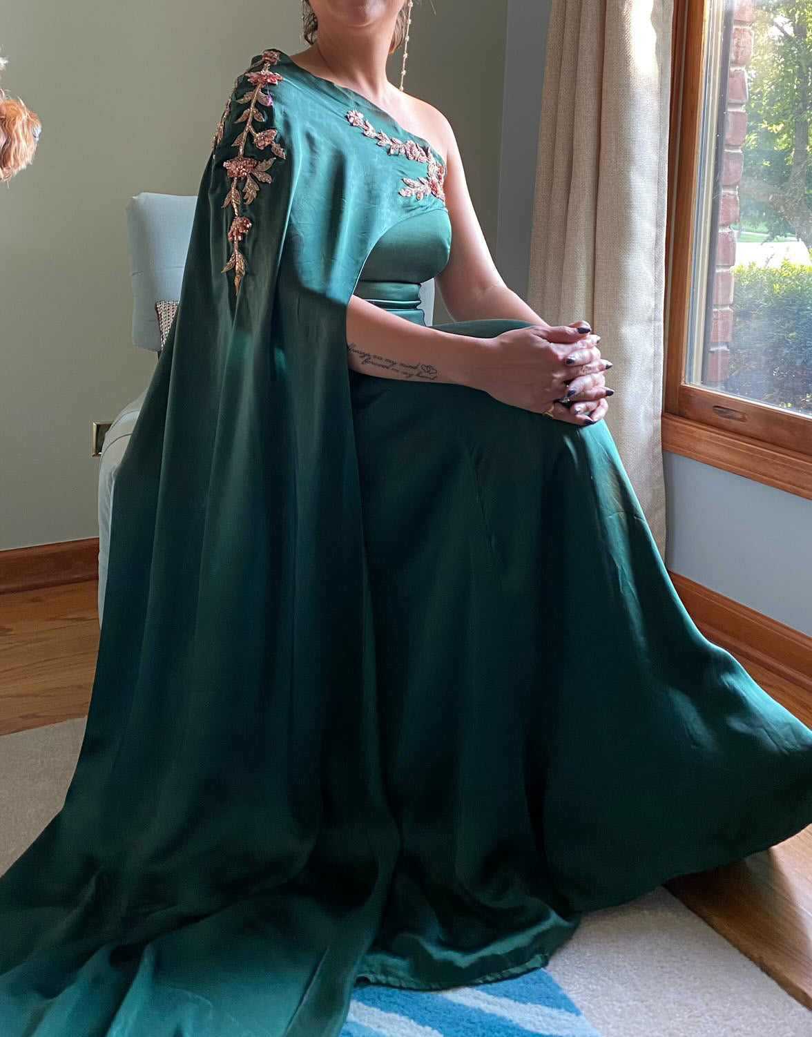 Green Embroidered Drape Gown